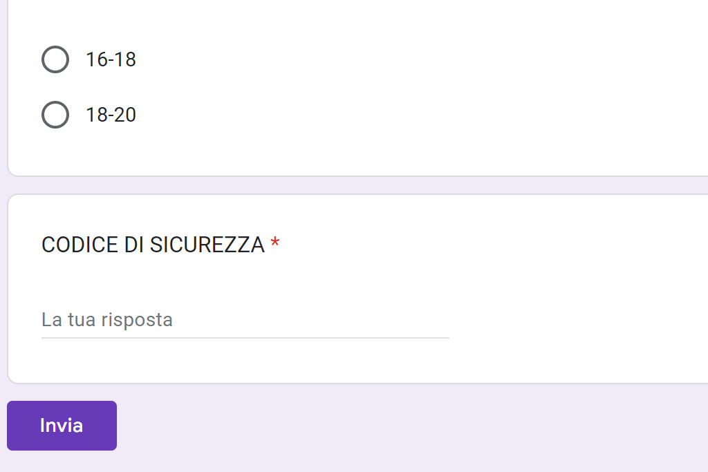 Inserimento di un codice in un apposito campo prima dell'invio dei dati da parte dell'utente