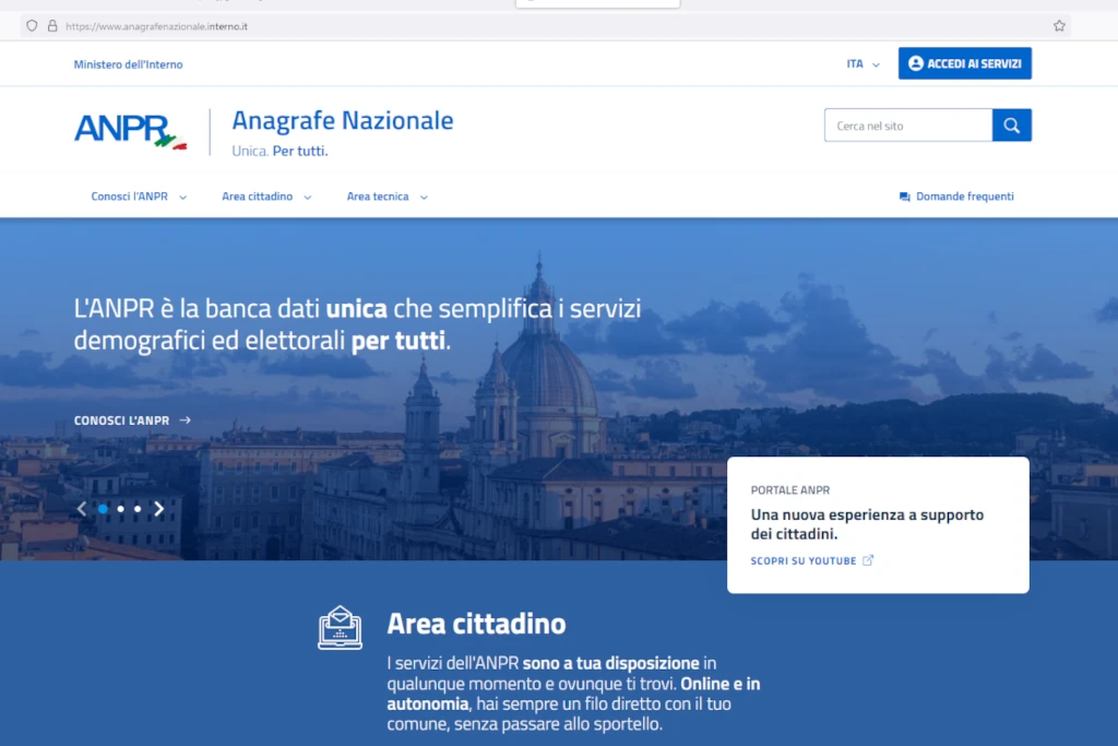 La home page del portale dell'ANPR - Ministero degli Interni